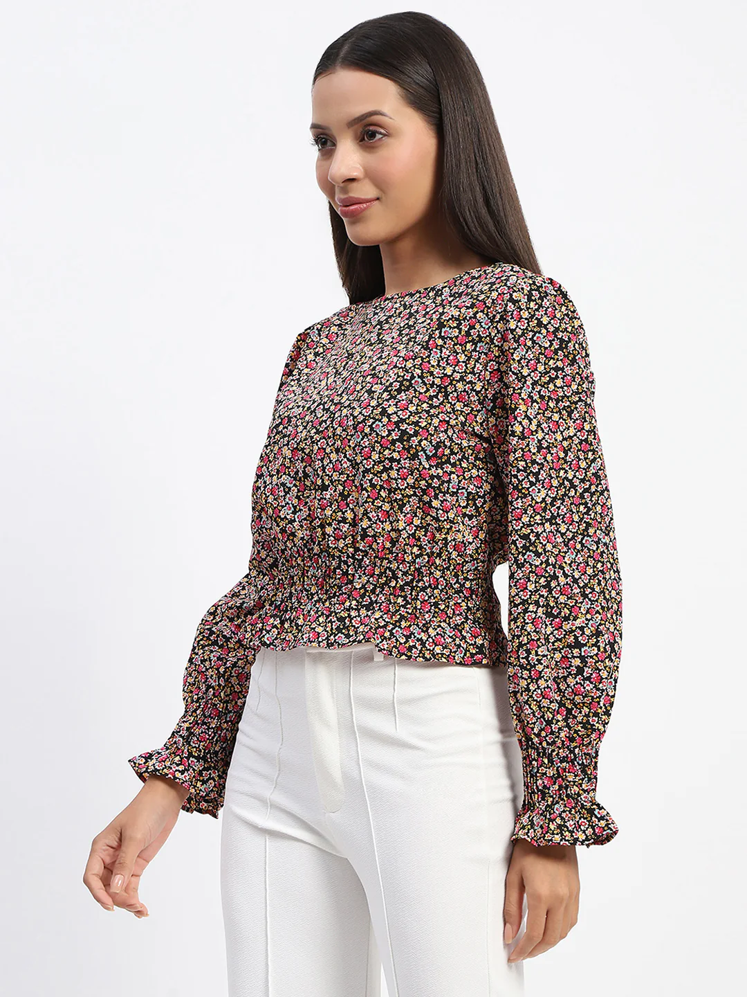 Madame Floral Print Cinch Waist Black Top - Image 4