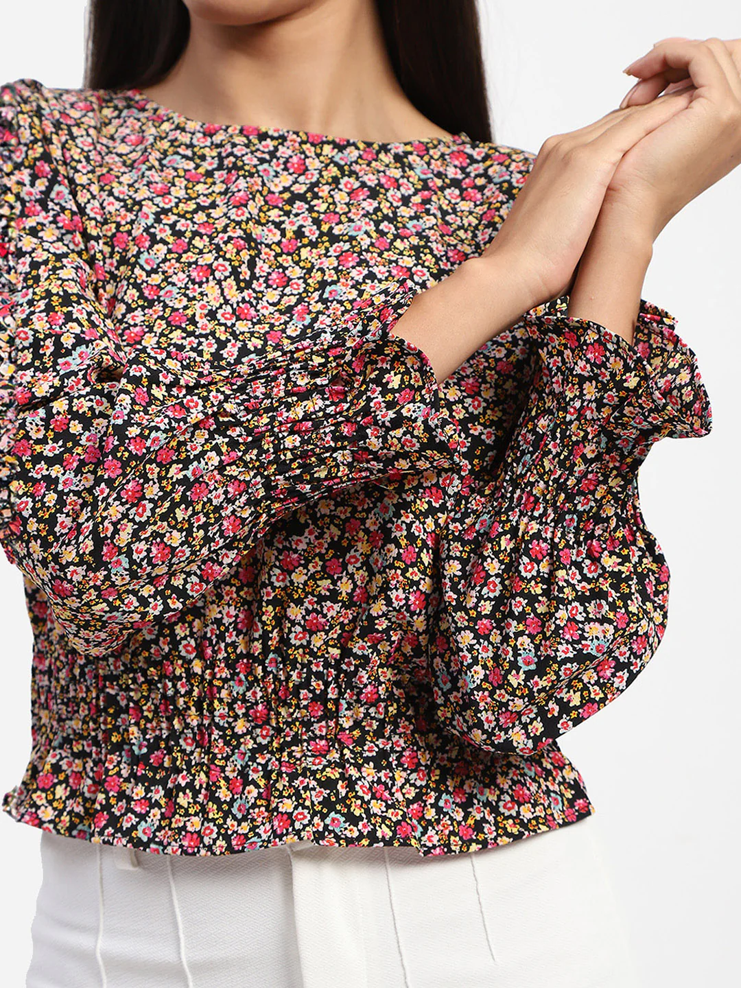 Madame Floral Print Cinch Waist Black Top - Image 6