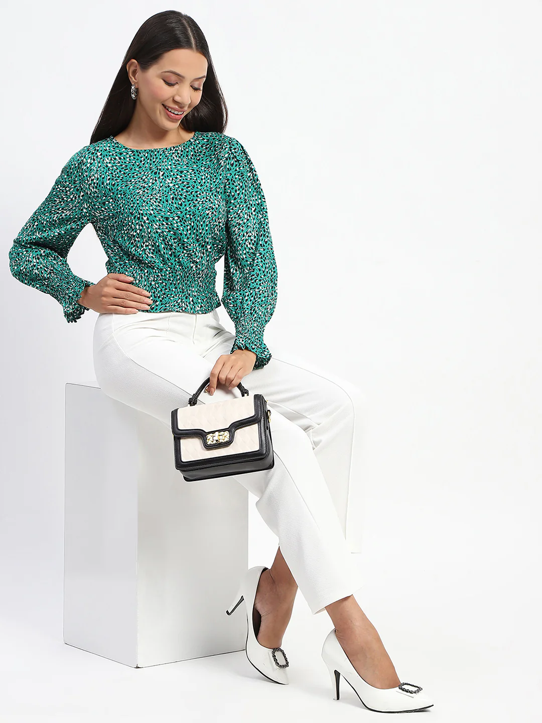 Madame Animal Print Cinch Waist Green Top - Image 2