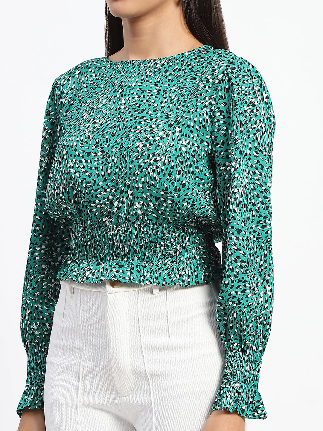 Madame Animal Print Cinch Waist Green Top - Image 6