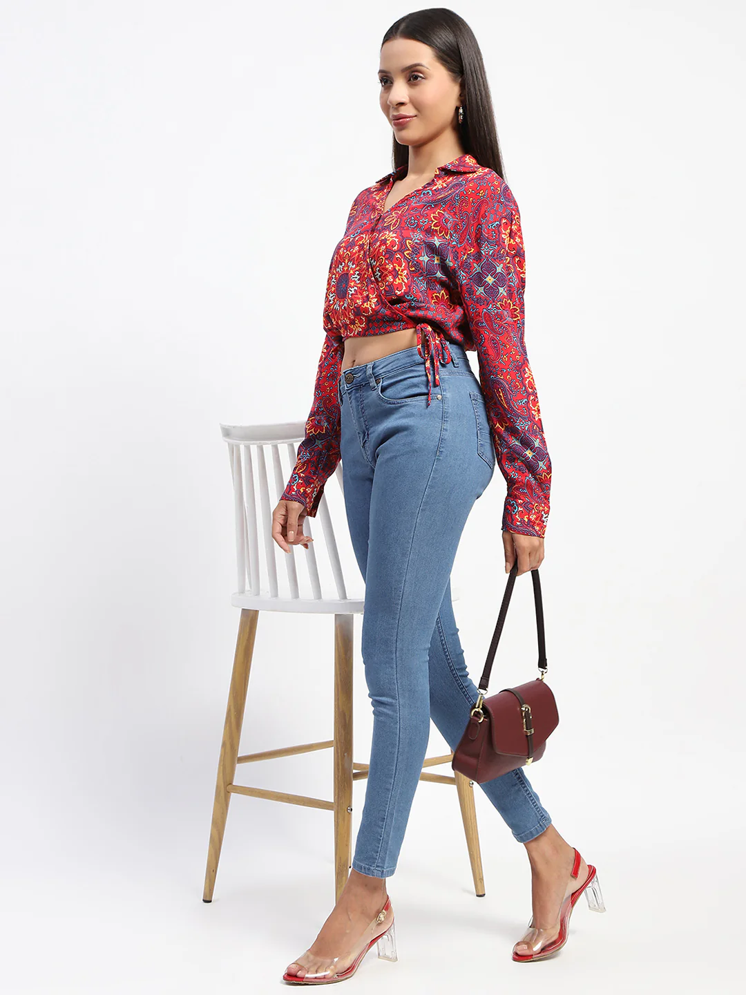 Madame Abstract Print Wrap Tie Detail Red Crop Top - Image 2