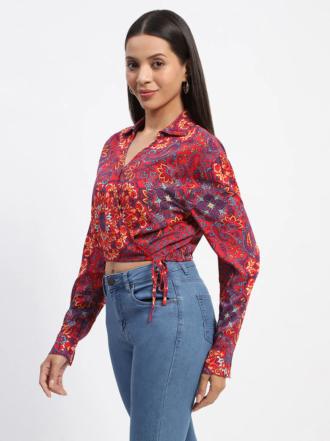 Madame Abstract Print Wrap Tie Detail Red Crop Top - Image 4