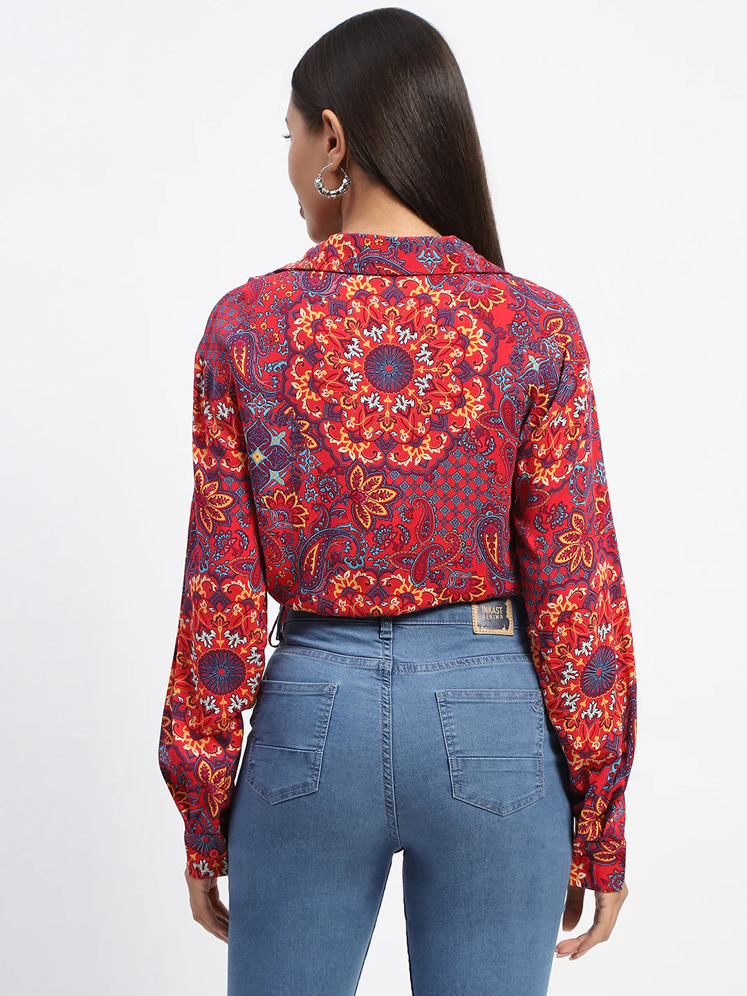 Madame Abstract Print Wrap Tie Detail Red Crop Top - Image 5