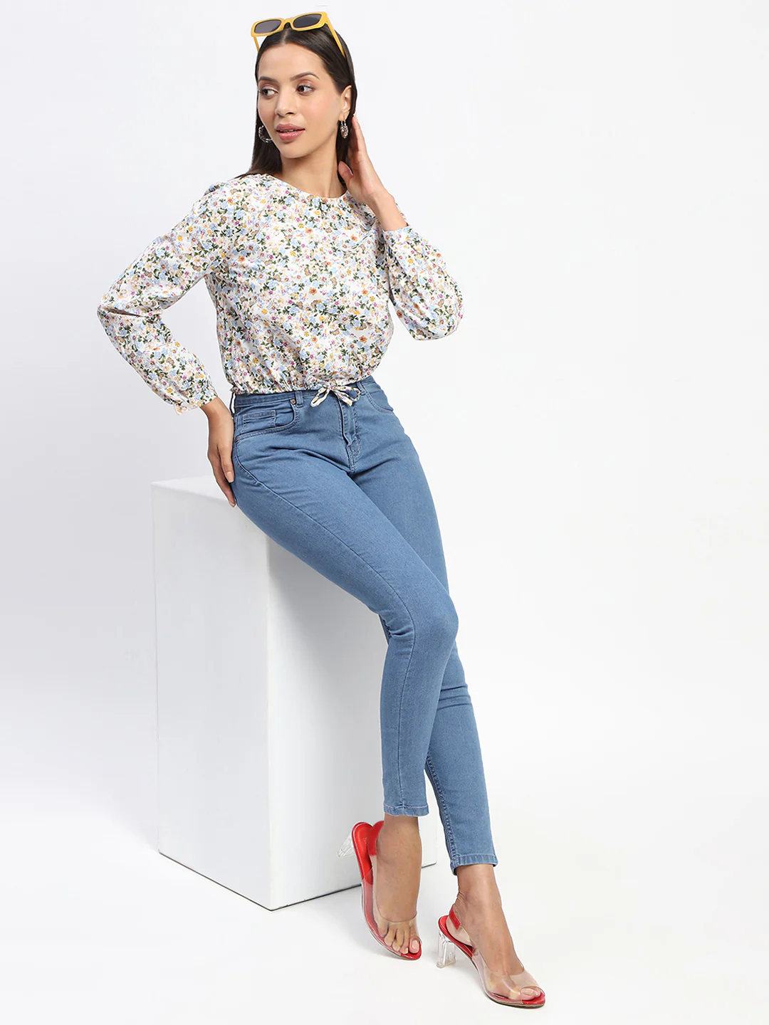 Madame Cotton Floral Print Drawstring Waist Multicolor Top - Image 2