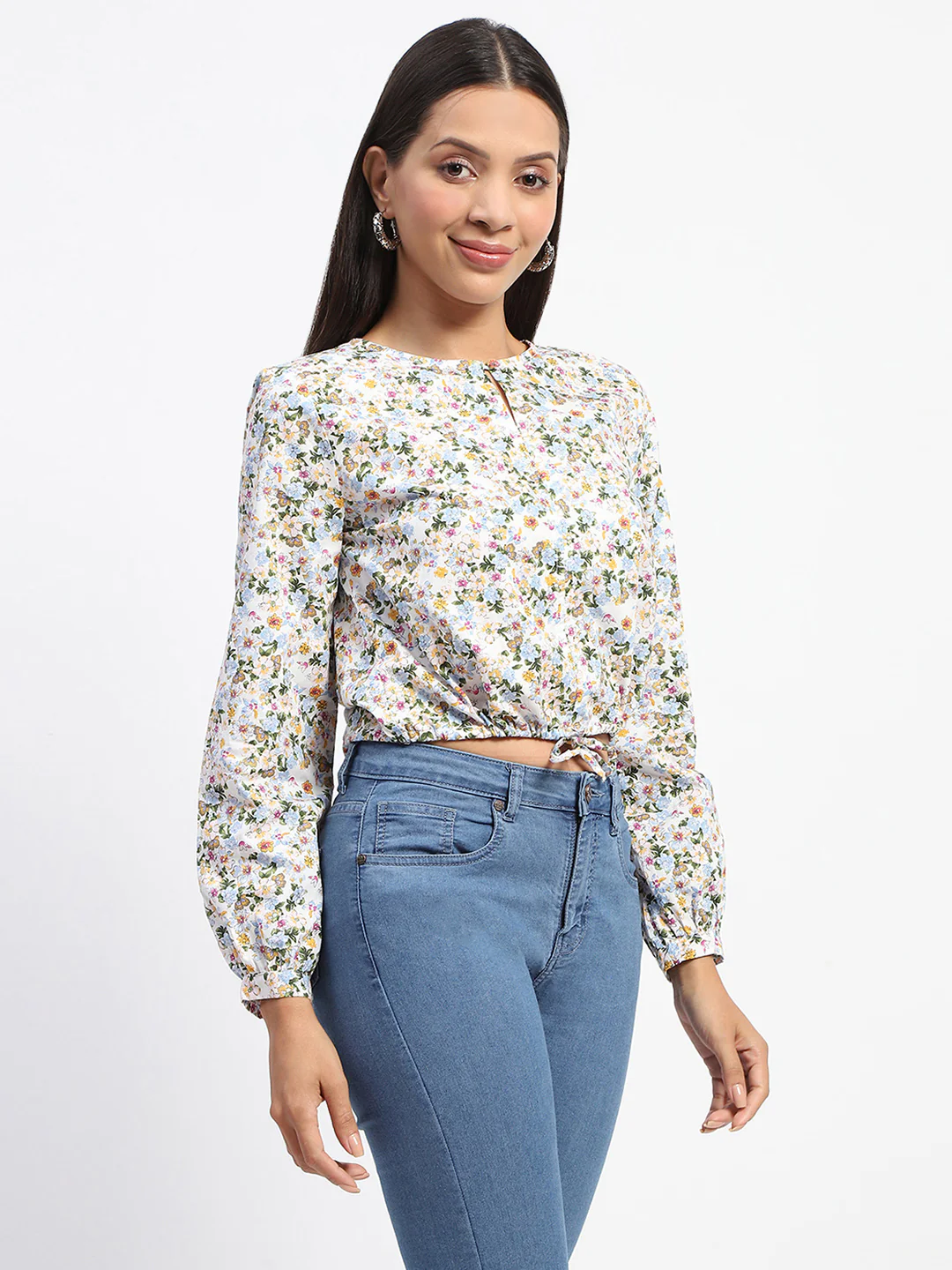 Madame Cotton Floral Print Drawstring Waist Multicolor Top - Image 3