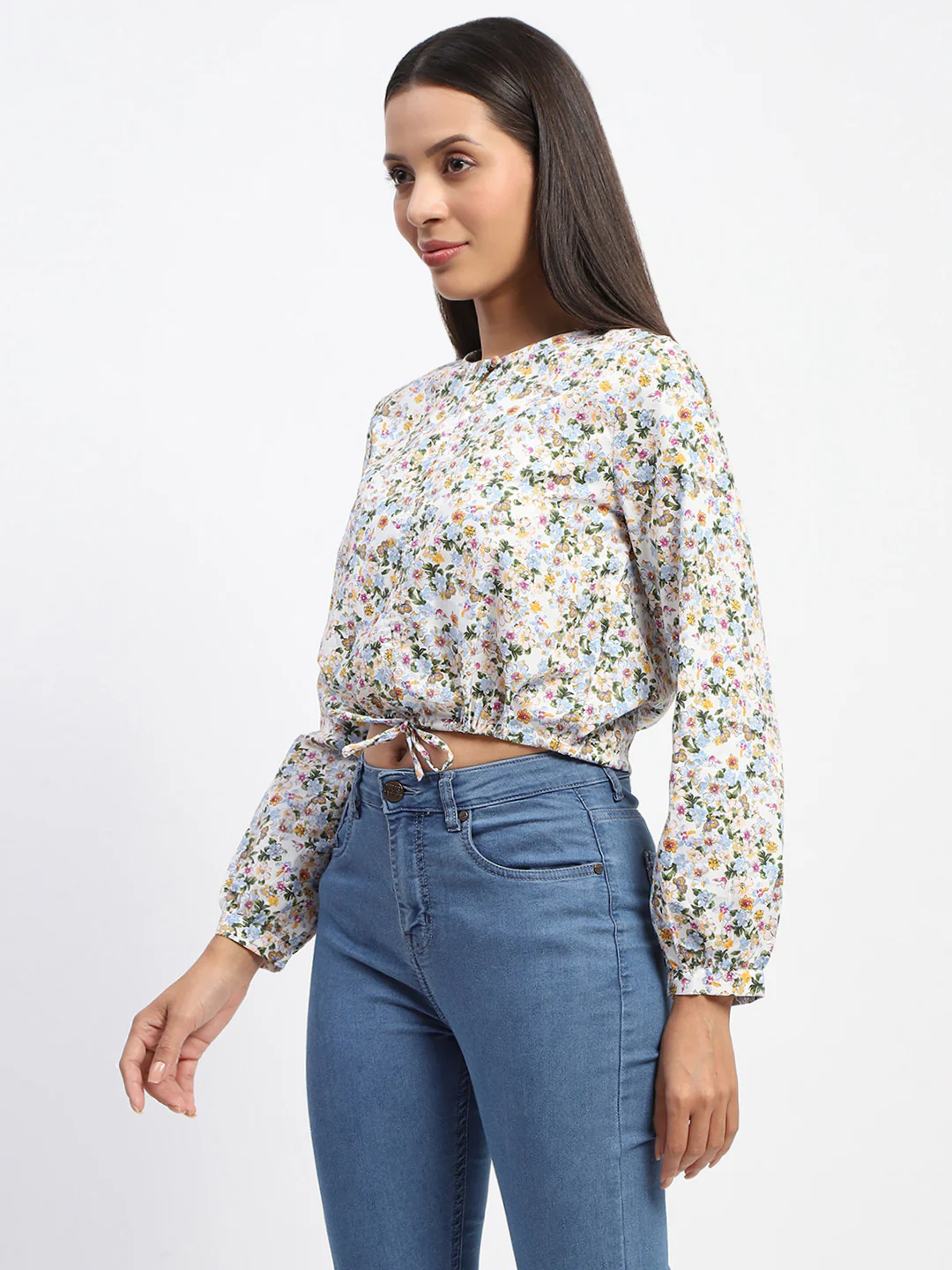 Madame Cotton Floral Print Drawstring Waist Multicolor Top - Image 4