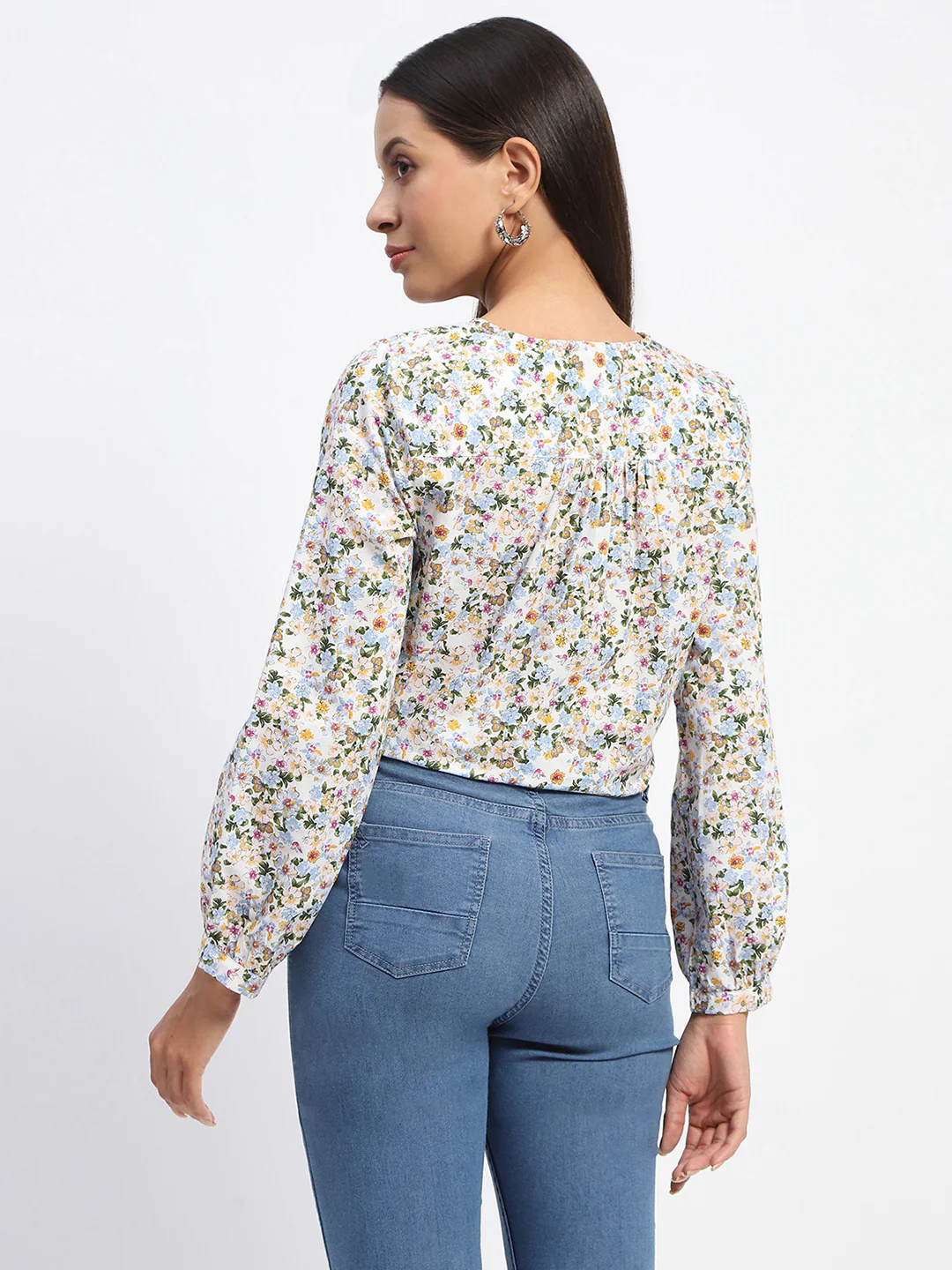 Madame Cotton Floral Print Drawstring Waist Multicolor Top - Image 5