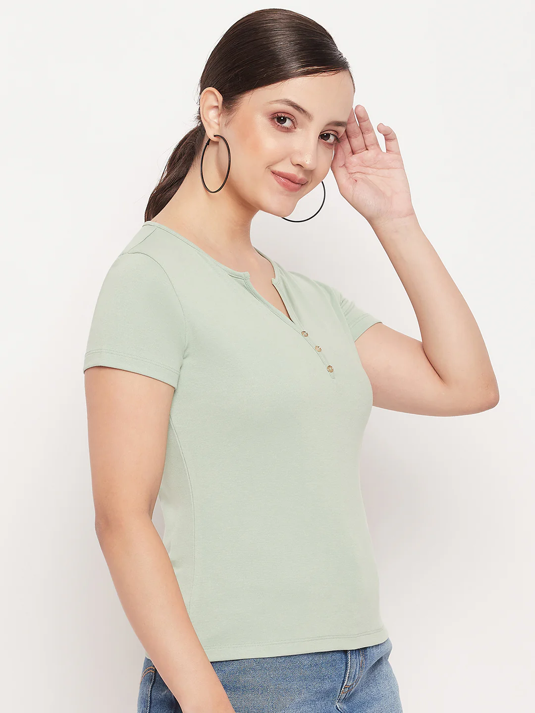 Madame Green Deep V Neck Fitted Cotton T-shirt - Image 4