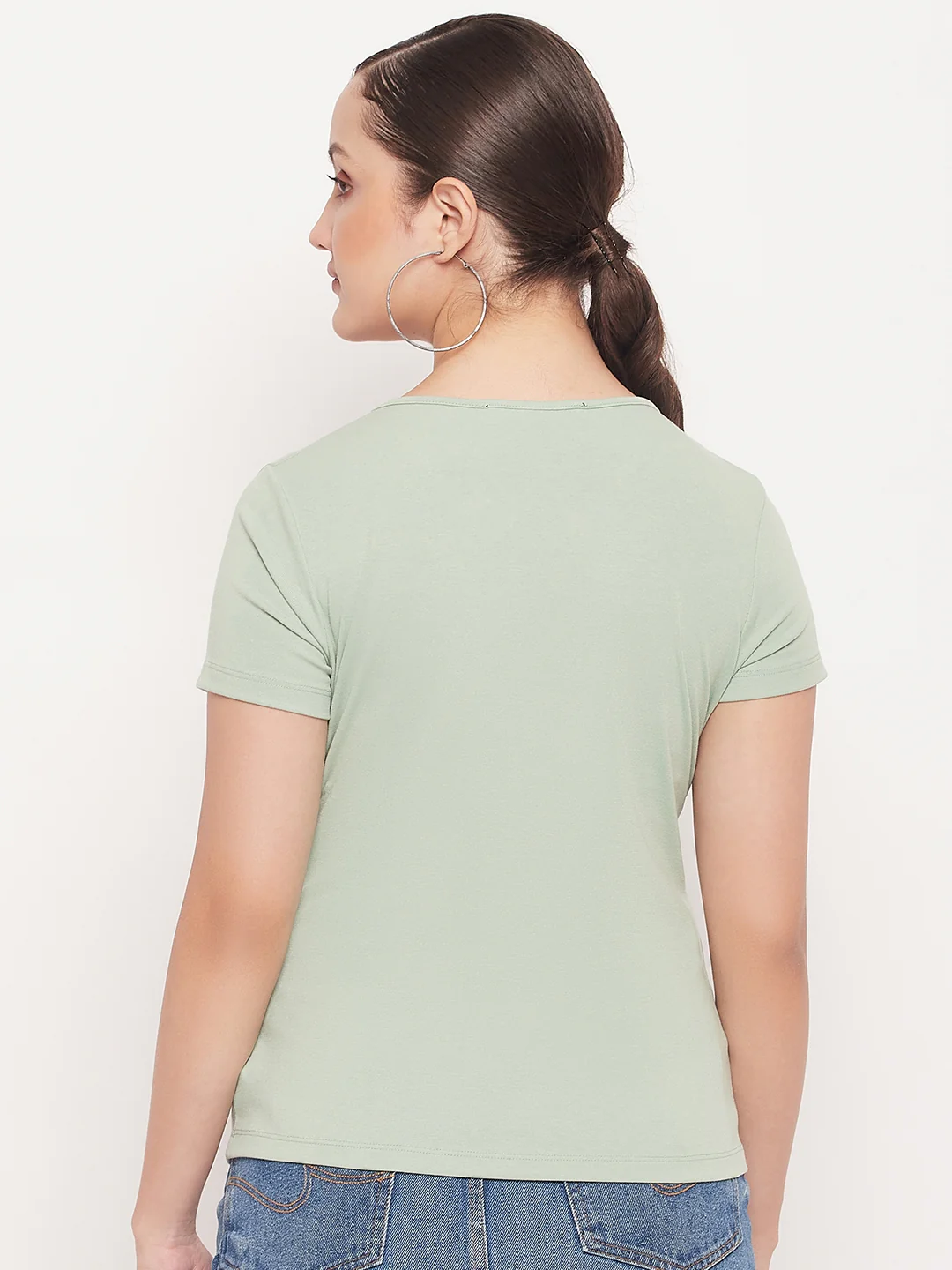 Madame Green Deep V Neck Fitted Cotton T-shirt - Image 6