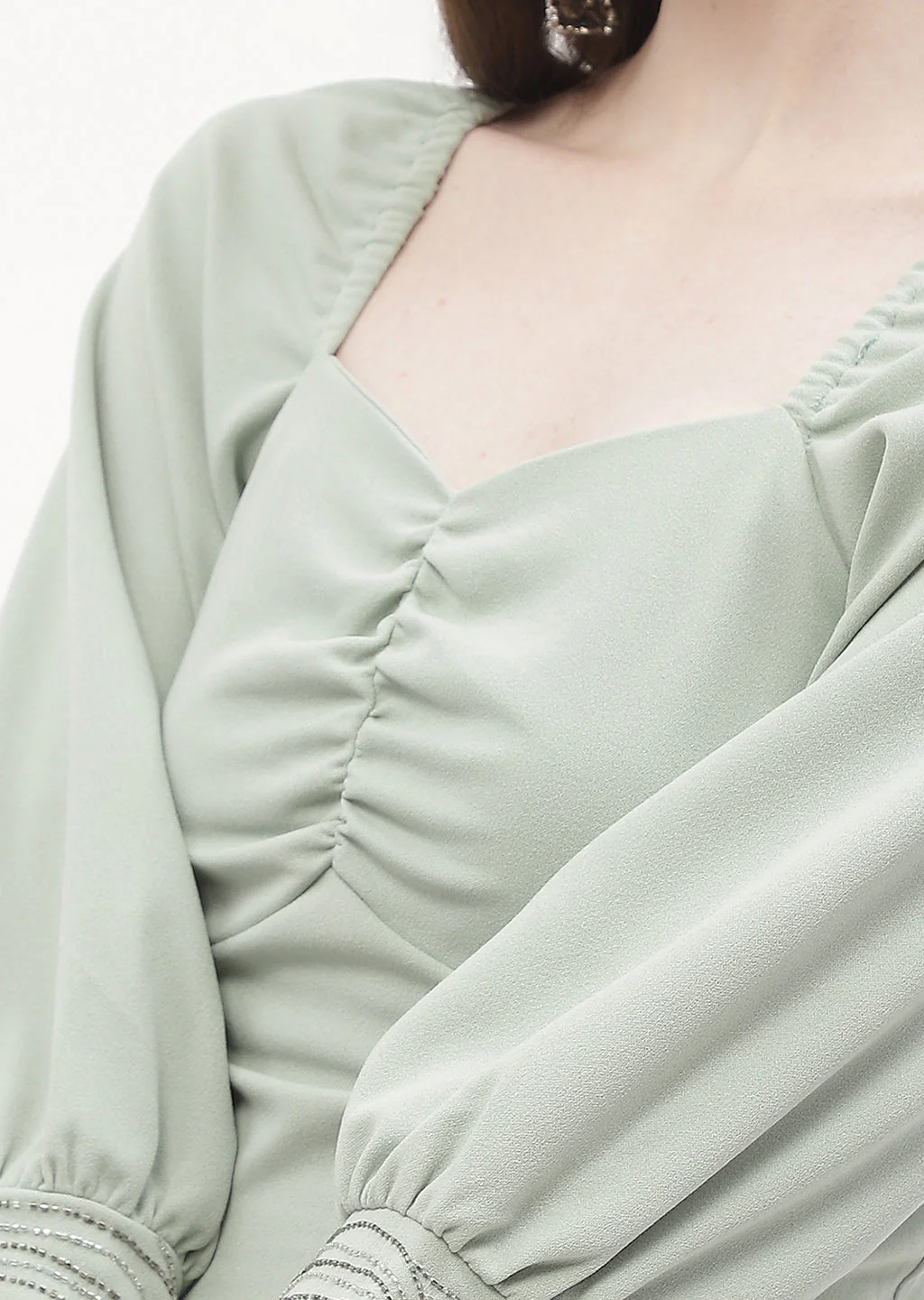 Madame Sweetheart Neck Sage Green Embellished Cuffs Top - Image 2