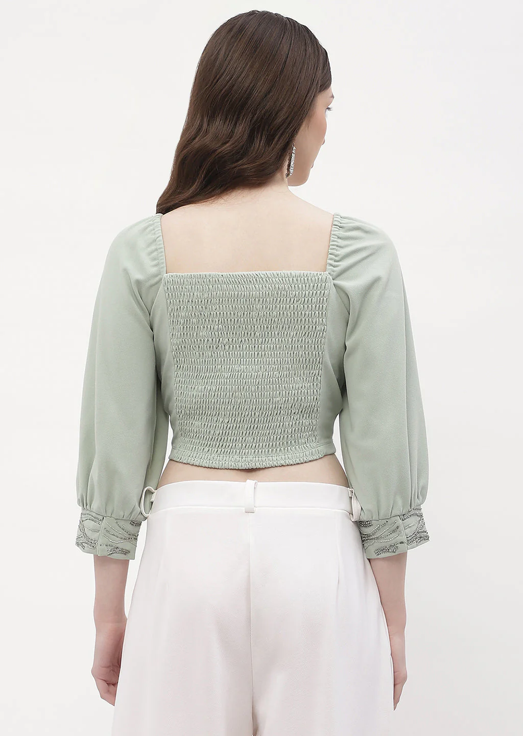 Madame Sweetheart Neck Sage Green Embellished Cuffs Top - Image 3