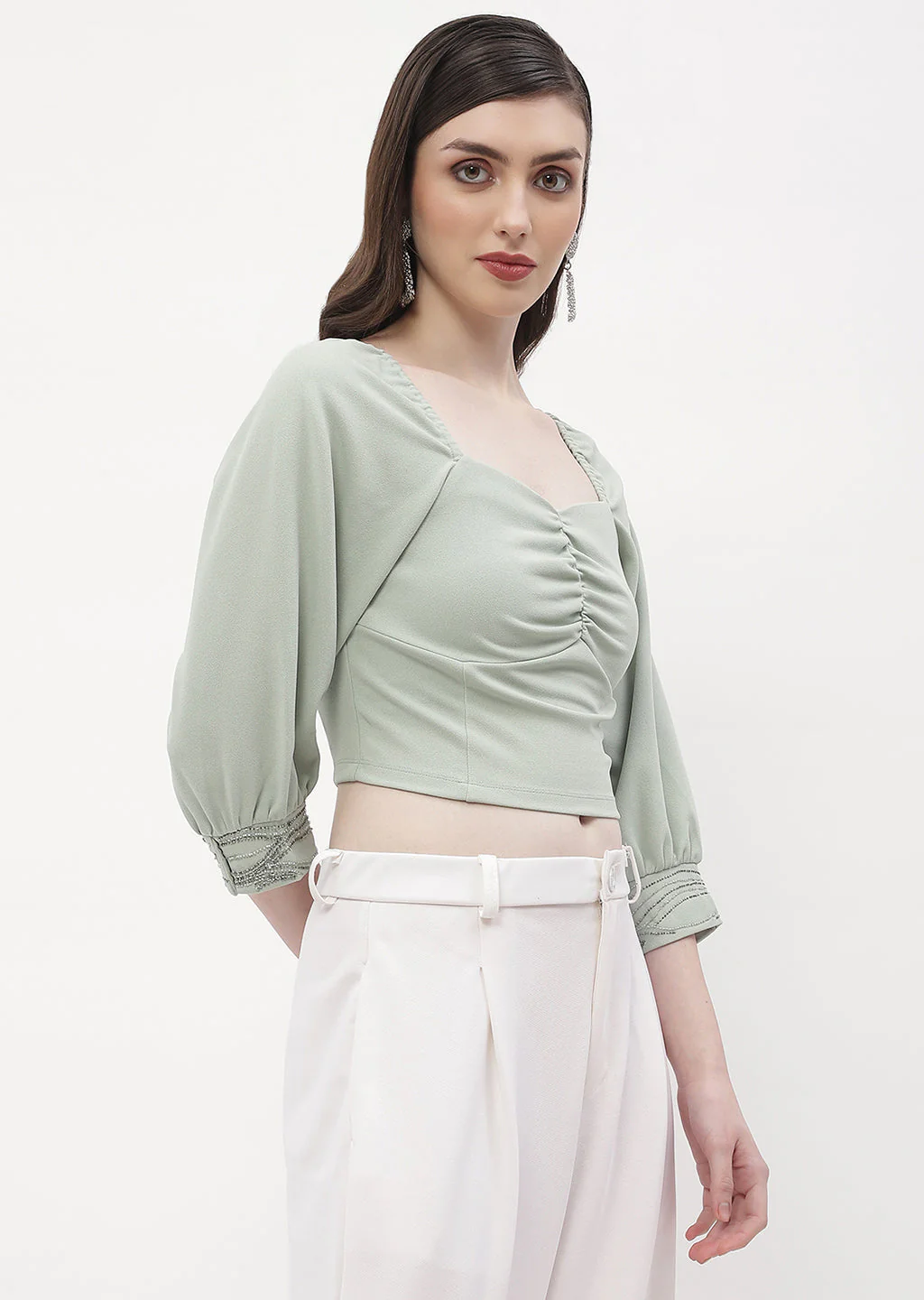 Madame Sweetheart Neck Sage Green Embellished Cuffs Top - Image 5