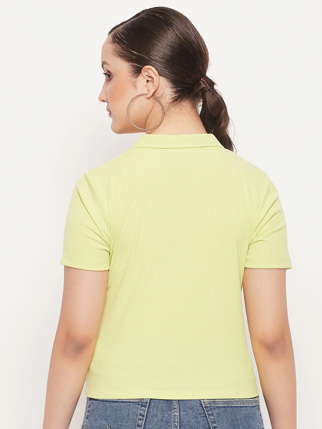 Madame Solid Green Cotton Collared Tshirt - Image 5