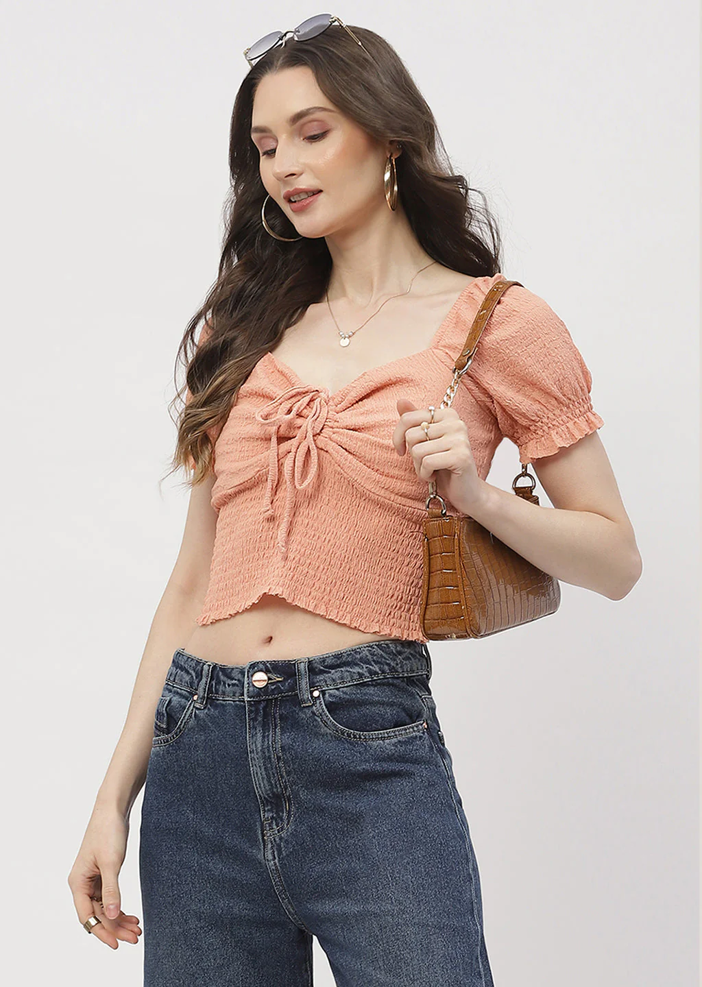 Madame Tie-Up Neck Orange Smocked Top - Image 6