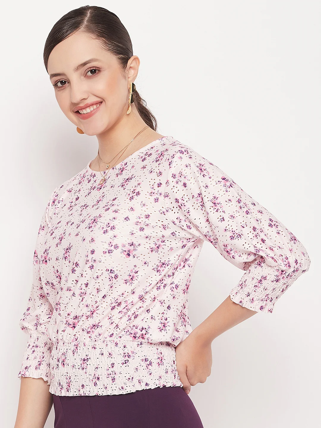 Madame Pink Elasticated Waist Cotton Floral Top - Image 5