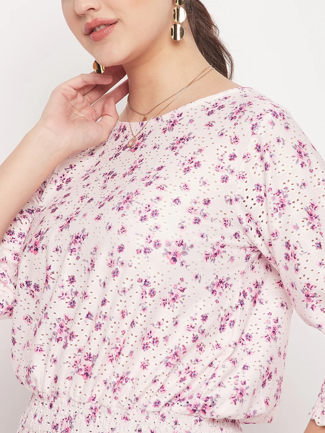 Madame Pink Elasticated Waist Cotton Floral Top - Image 7