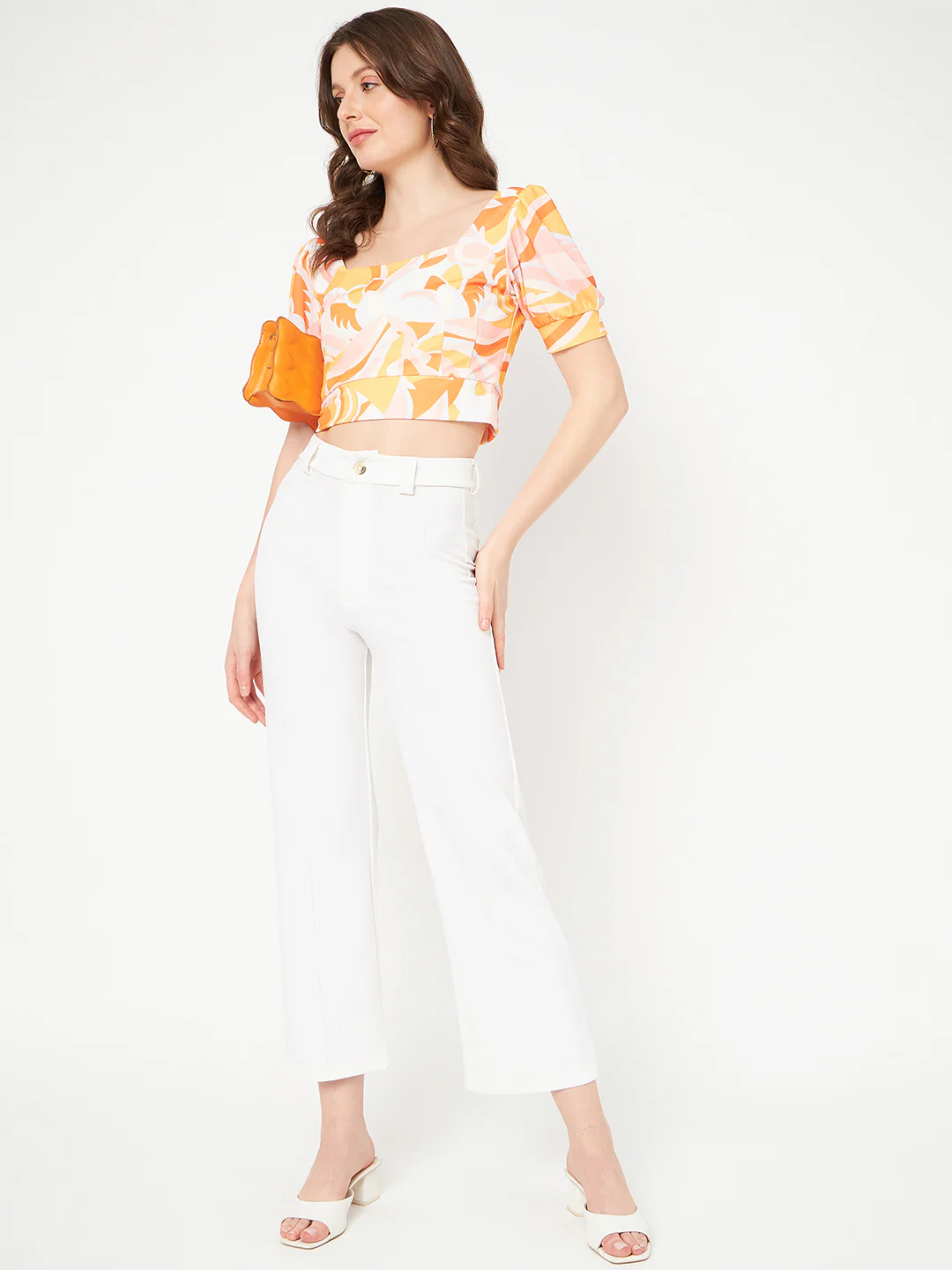 Madame Marble Print Square Neck Tangerine Orange Crop Top - Image 2