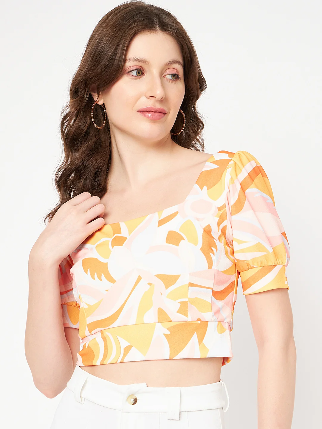 Madame Marble Print Square Neck Tangerine Orange Crop Top - Image 3