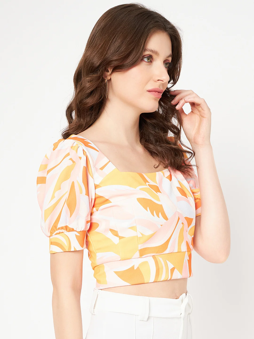 Madame Marble Print Square Neck Tangerine Orange Crop Top - Image 4