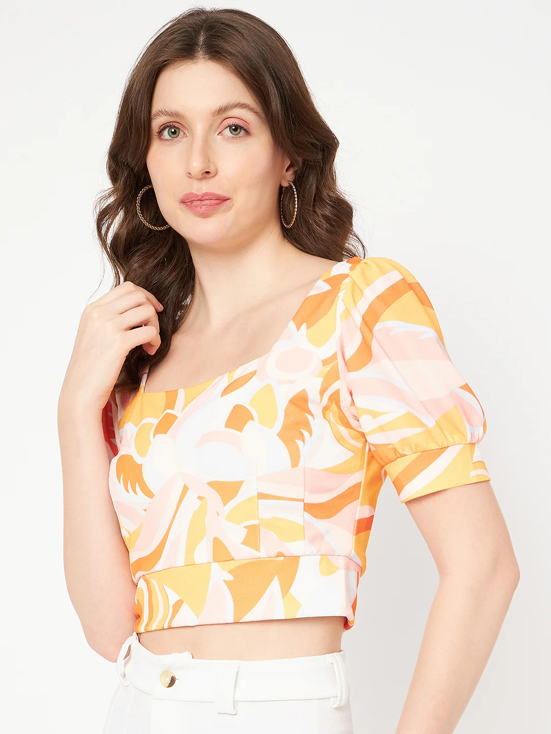 Madame Marble Print Square Neck Tangerine Orange Crop Top - Image 5