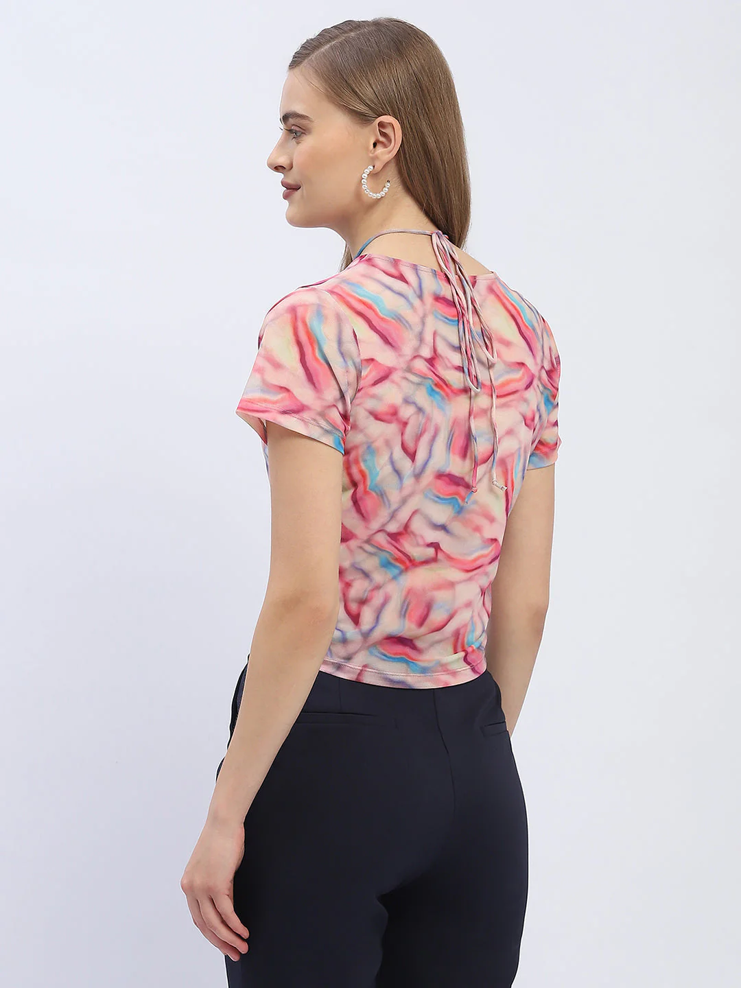 Madame Abstract Print Pink Halter Neck Crop Top - Image 3