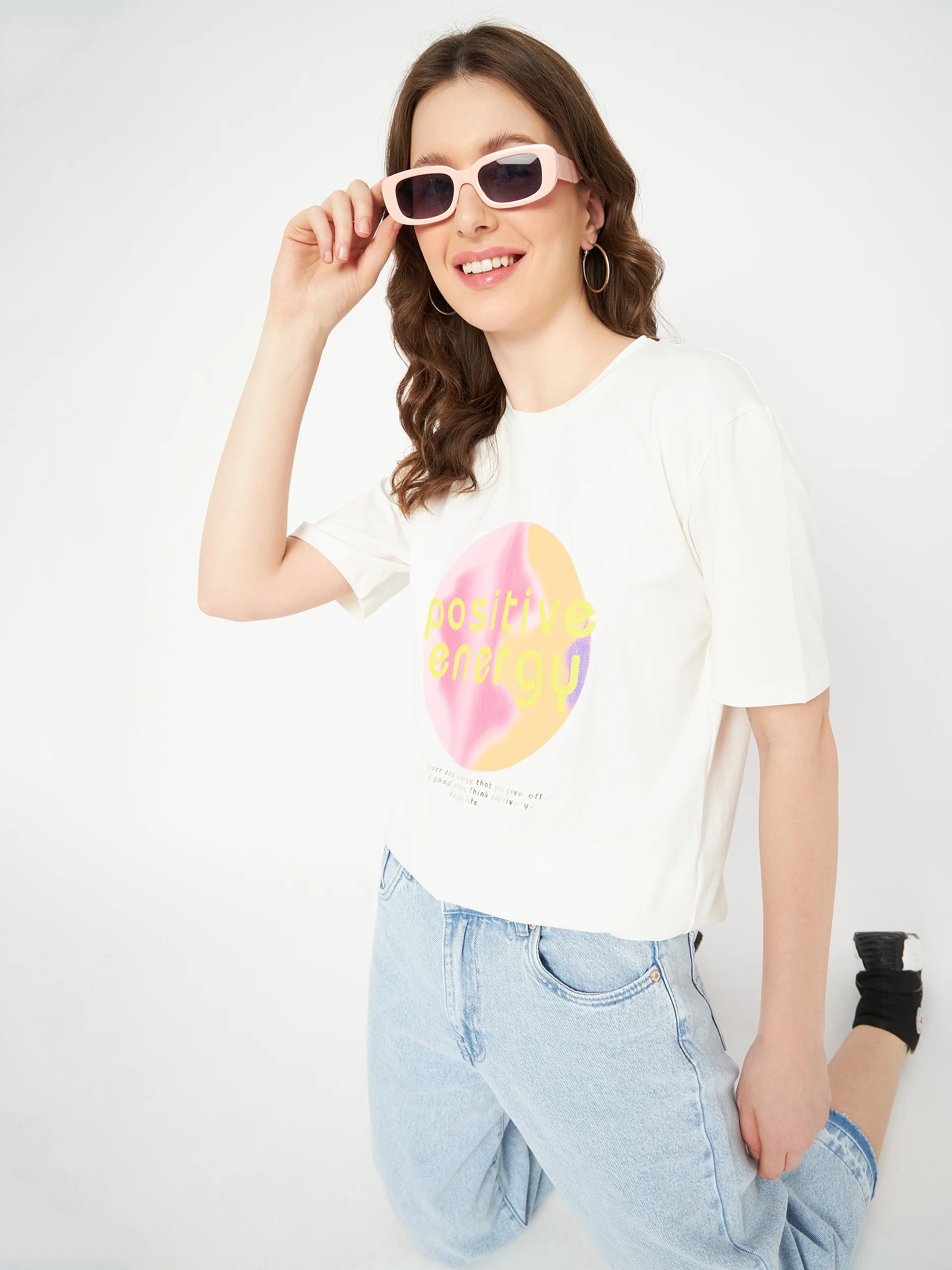 Madame Graphic Print Crew Neck White Cotton T-Shirt