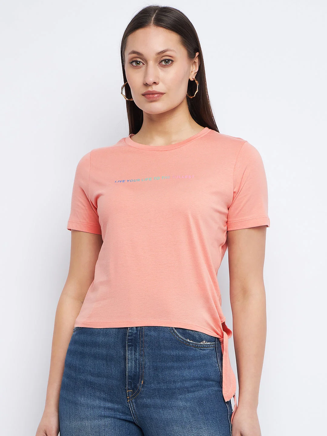 Madame Typography Peach Side Knotted Top