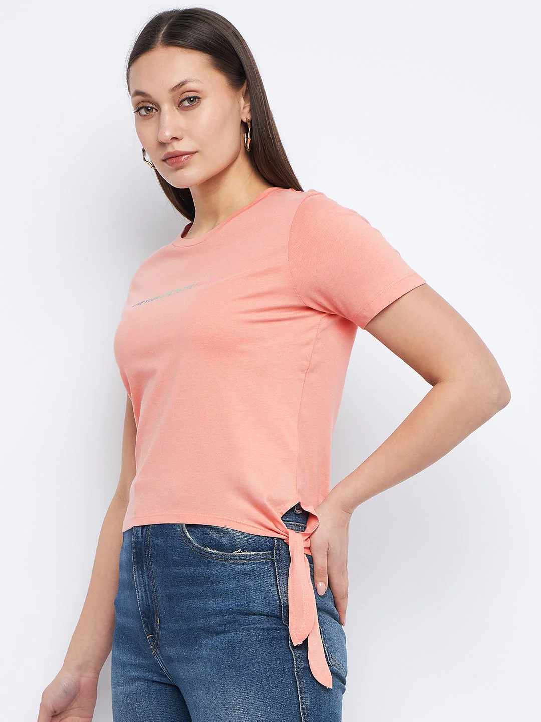 Madame Typography Peach Side Knotted Top - Image 5