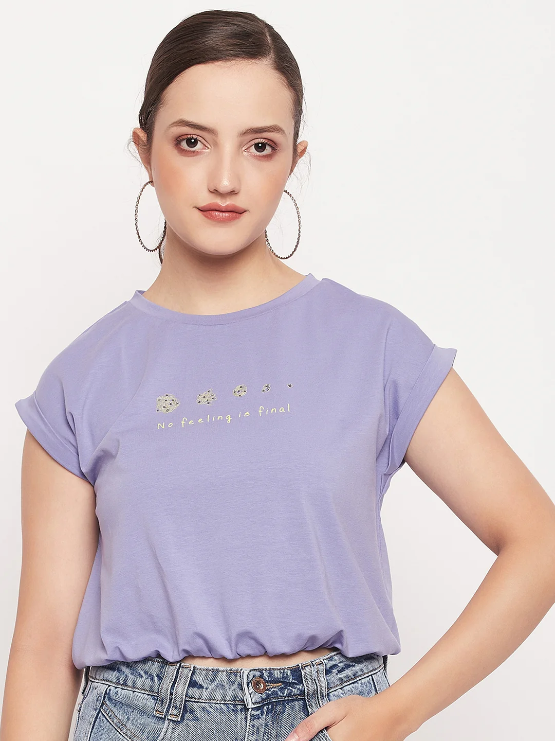 Madame Solid Violet Typography Cuffed Half Sleeves Elasticated Waist Top - Image 3