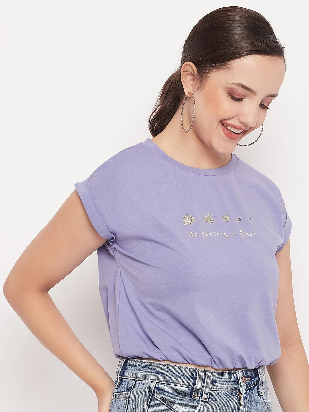 Madame Solid Violet Typography Cuffed Half Sleeves Elasticated Waist Top - Image 4