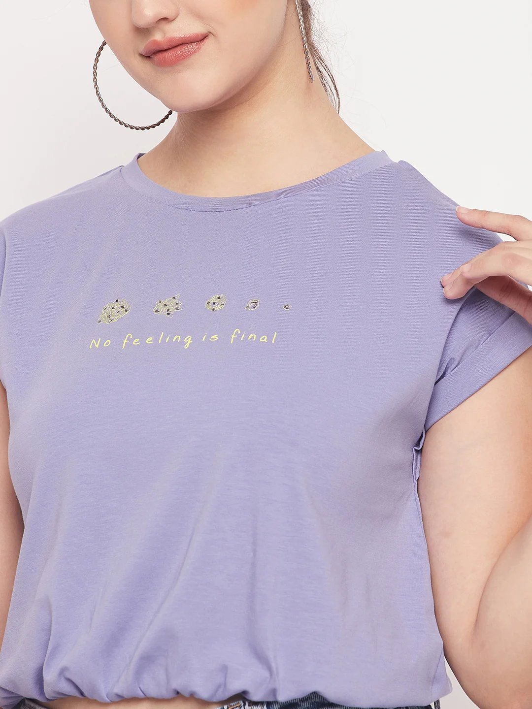 Madame Solid Violet Typography Cuffed Half Sleeves Elasticated Waist Top - Image 7