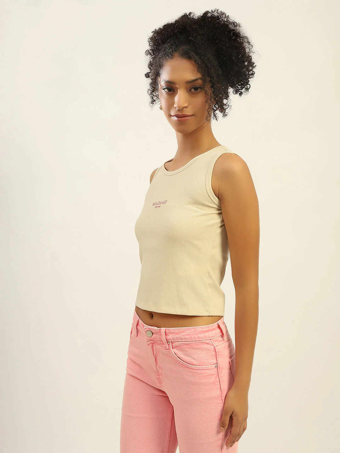 Madame Typography Printed Cream Cotton Top - Image 5