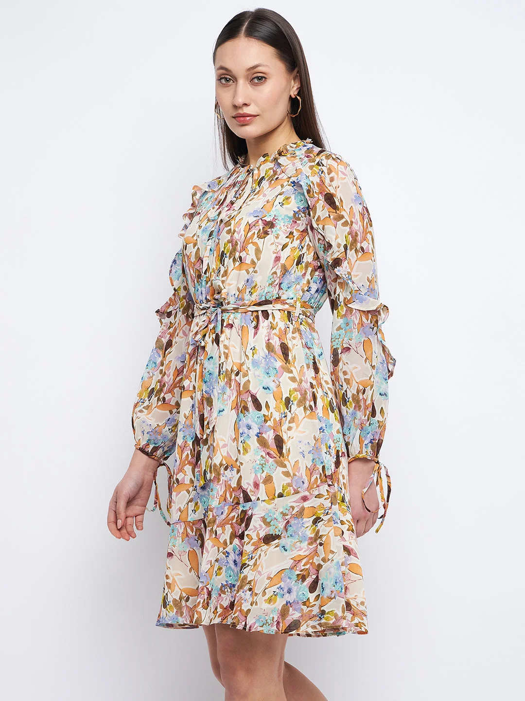 Madame Floral Print Off-White Ruffle Dress - Image 3