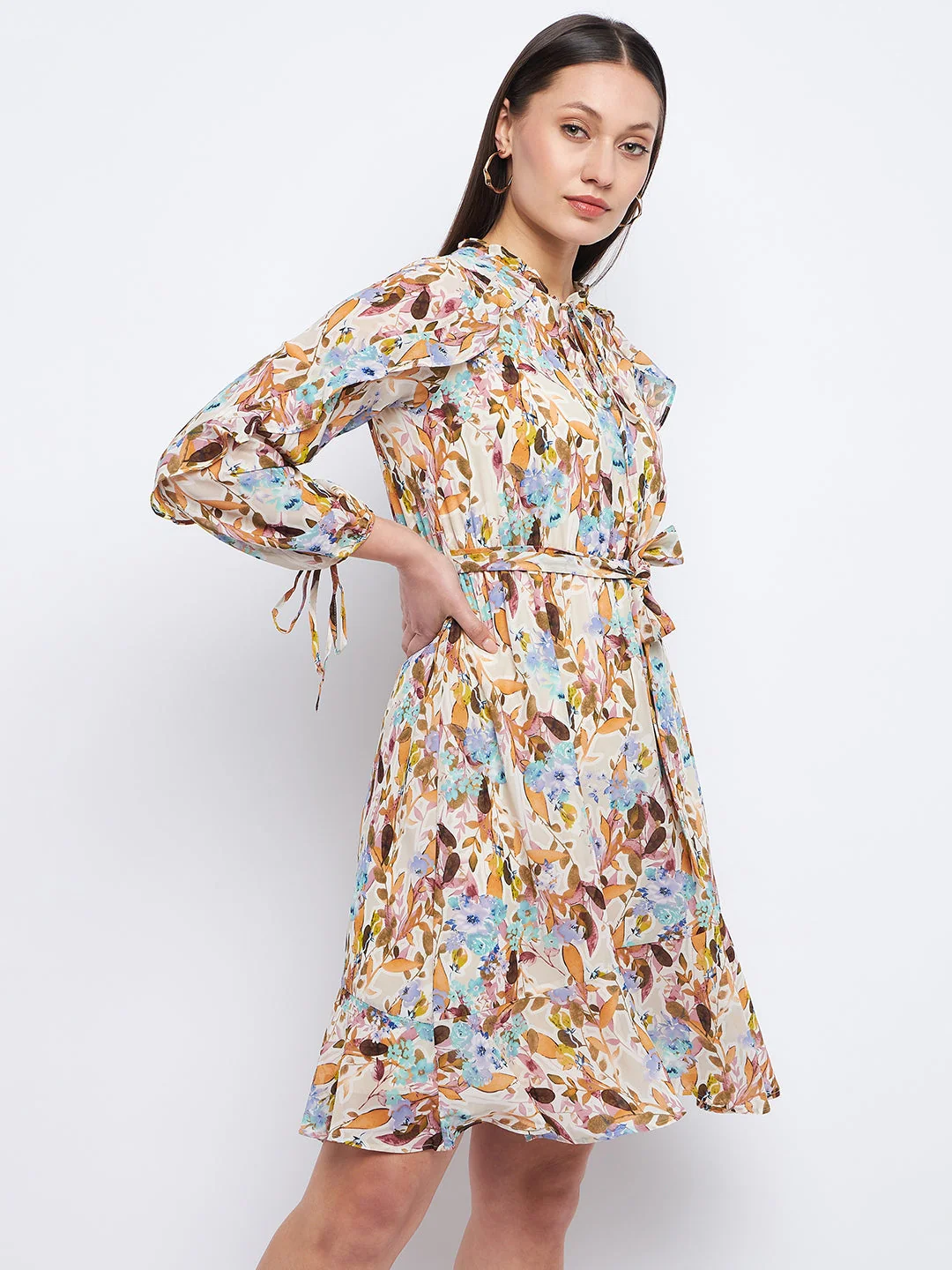 Madame Floral Print Off-White Ruffle Dress - Image 4
