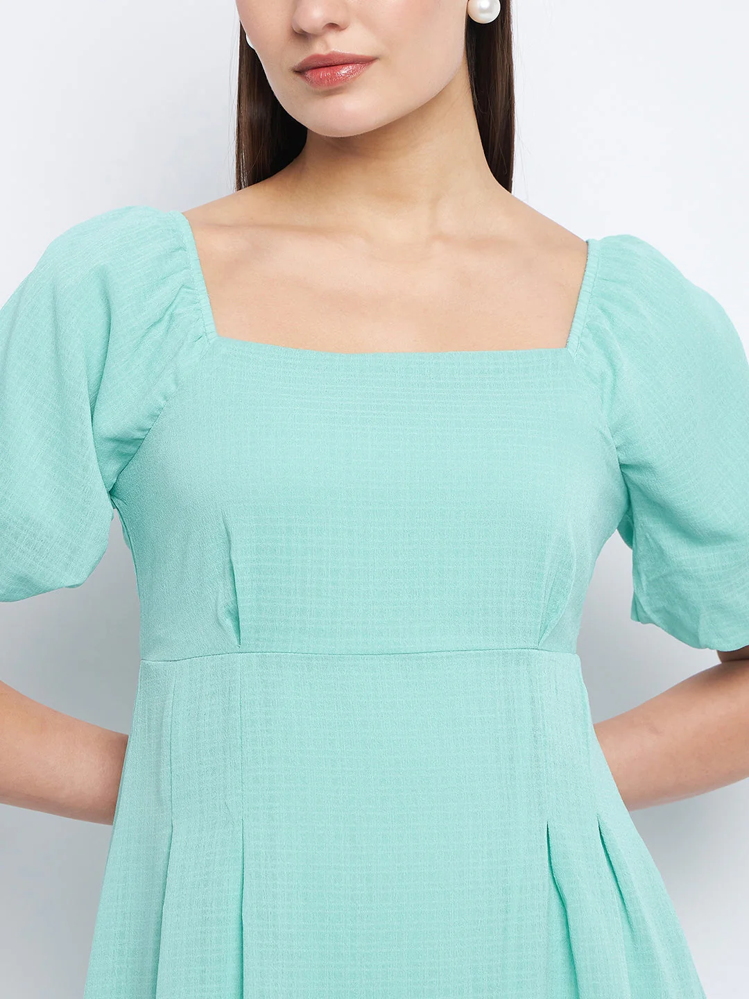 Madame Pleat Detailed Square Neck Sea Green Mini Dress - Image 2