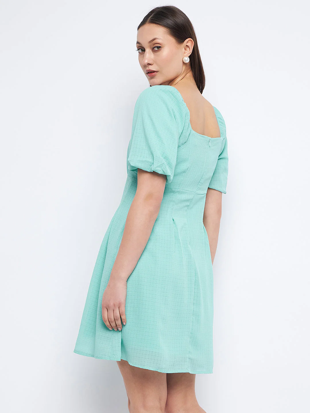 Madame Pleat Detailed Square Neck Sea Green Mini Dress - Image 3