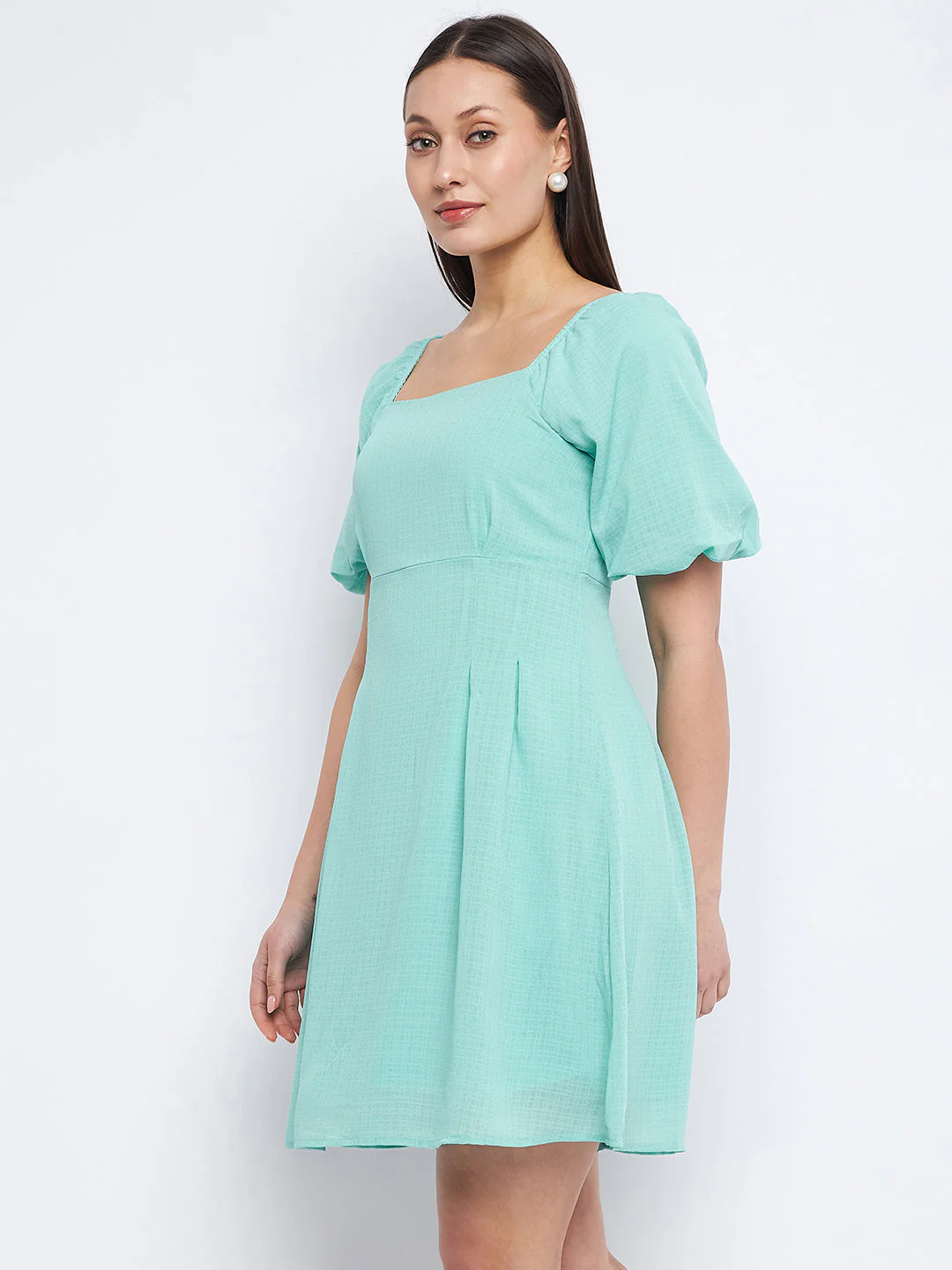 Madame Pleat Detailed Square Neck Sea Green Mini Dress - Image 5