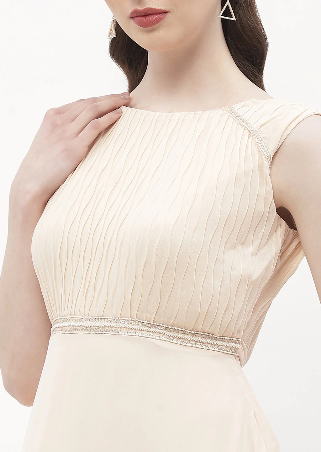Madame Embellished Beige Crew Neck Maxi Dress - Image 2