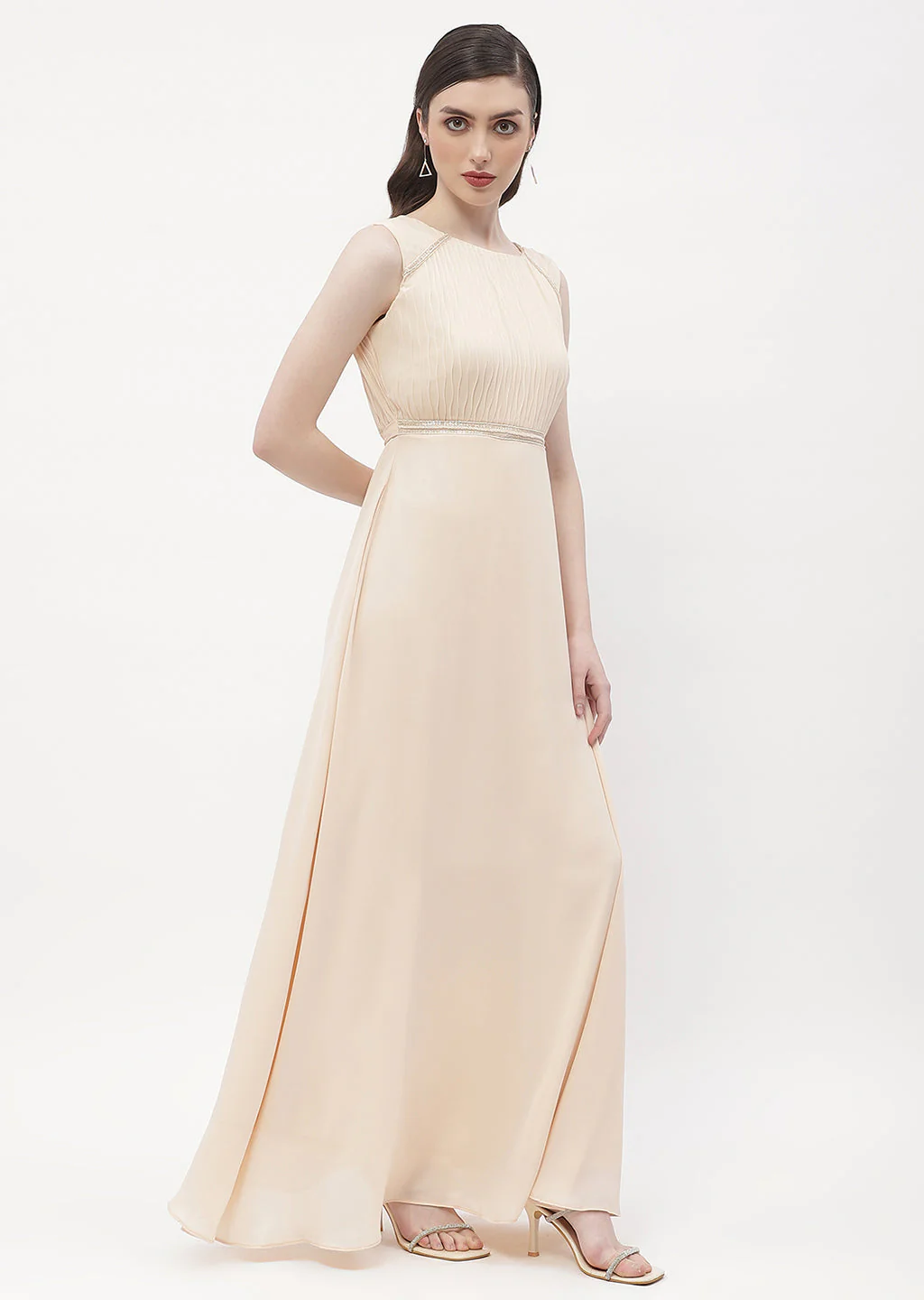 Madame Embellished Beige Crew Neck Maxi Dress - Image 5