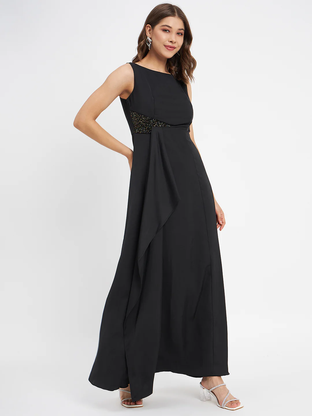 Madame Black Shimmer Detailing Ruffle Dress - Image 4
