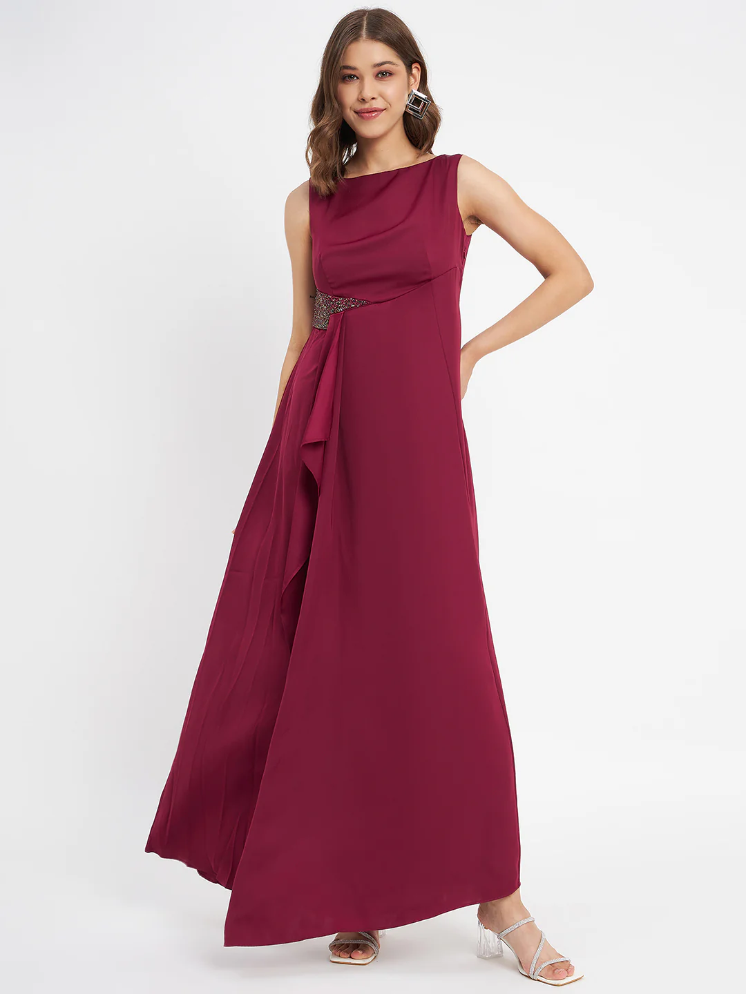 Madame Wine Shimmer Detailing Ruffle Hem Dress - Image 3