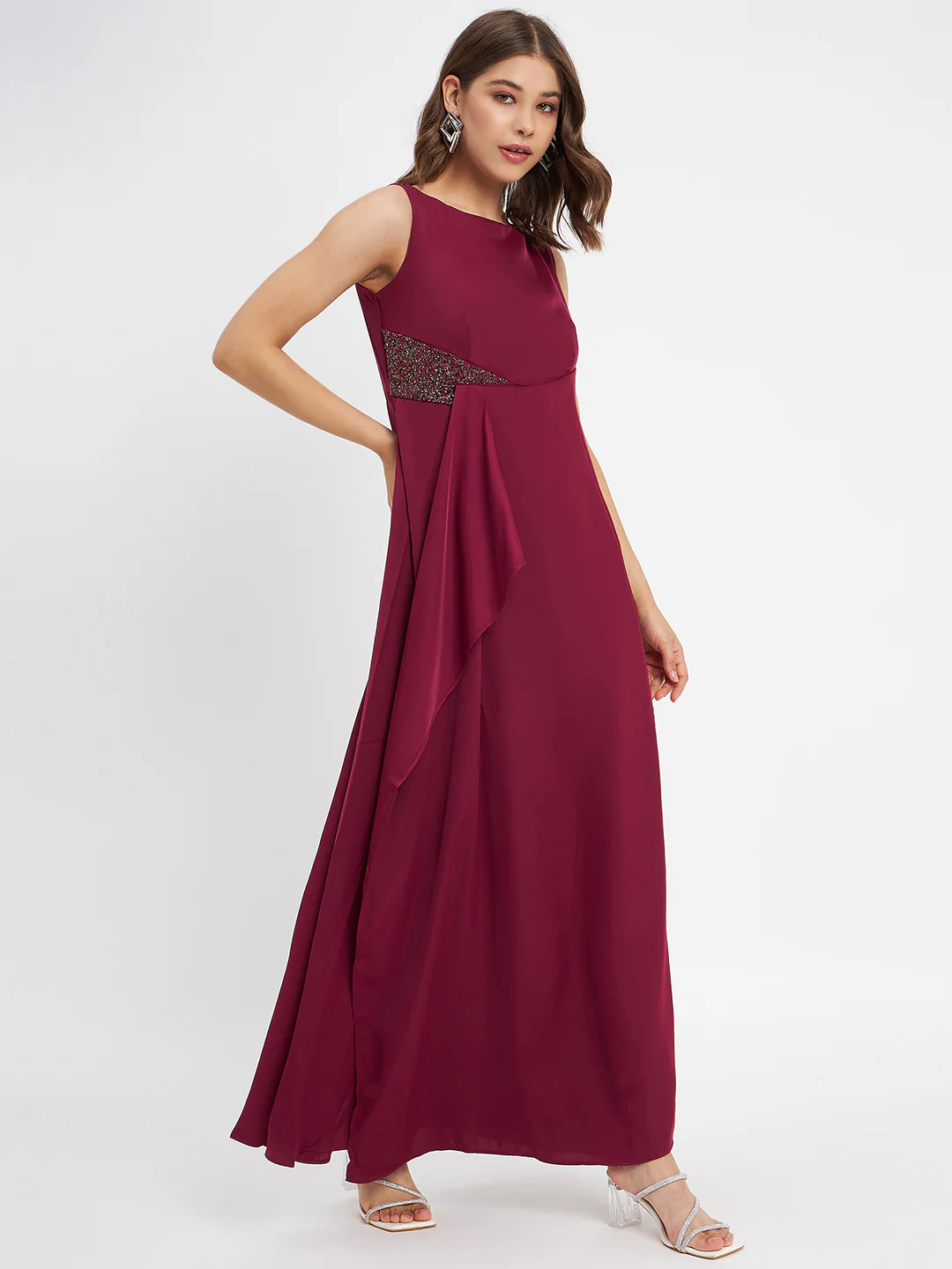 Madame Wine Shimmer Detailing Ruffle Hem Dress - Image 4