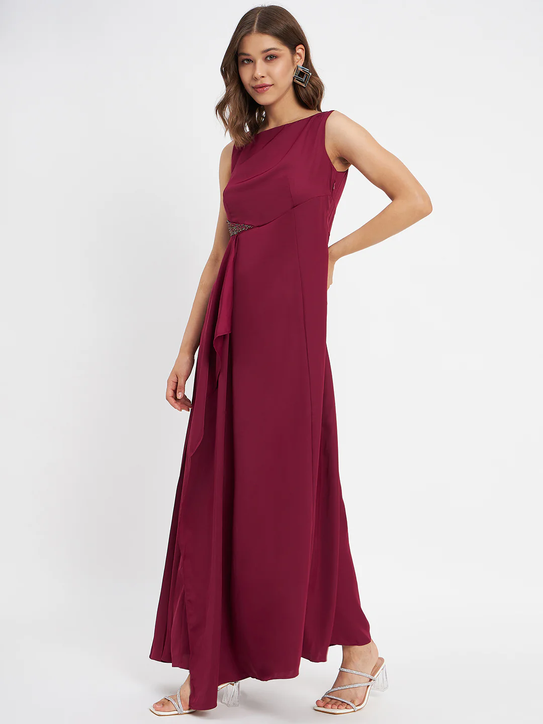 Madame Wine Shimmer Detailing Ruffle Hem Dress - Image 5