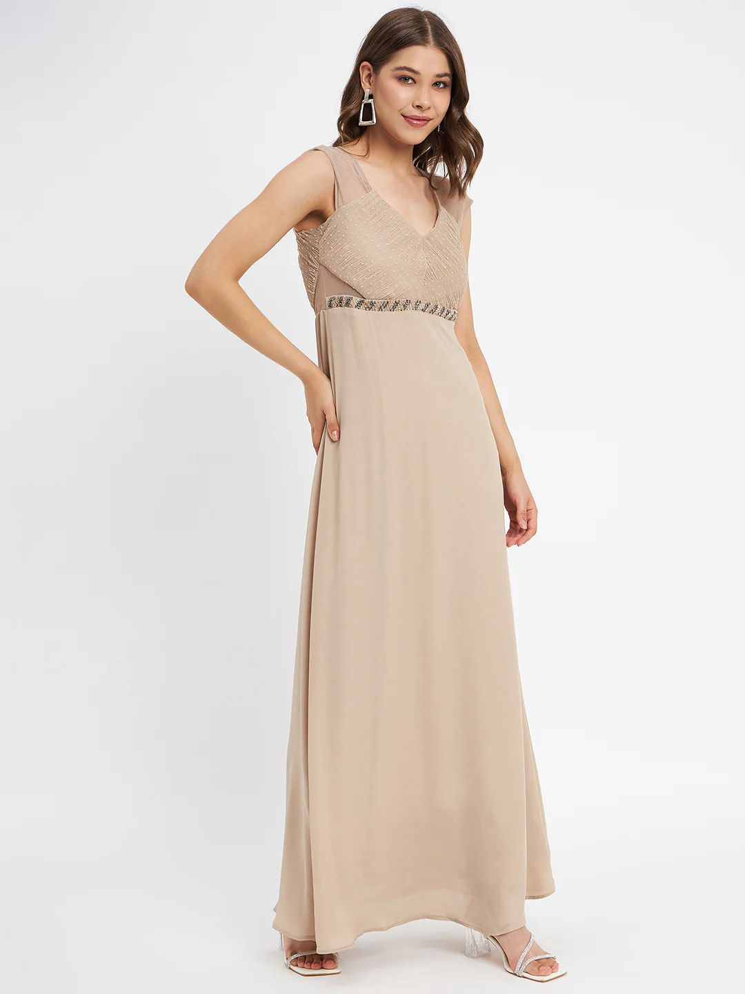 Madame Beige Embellished Fit-Flare Dress - Image 4