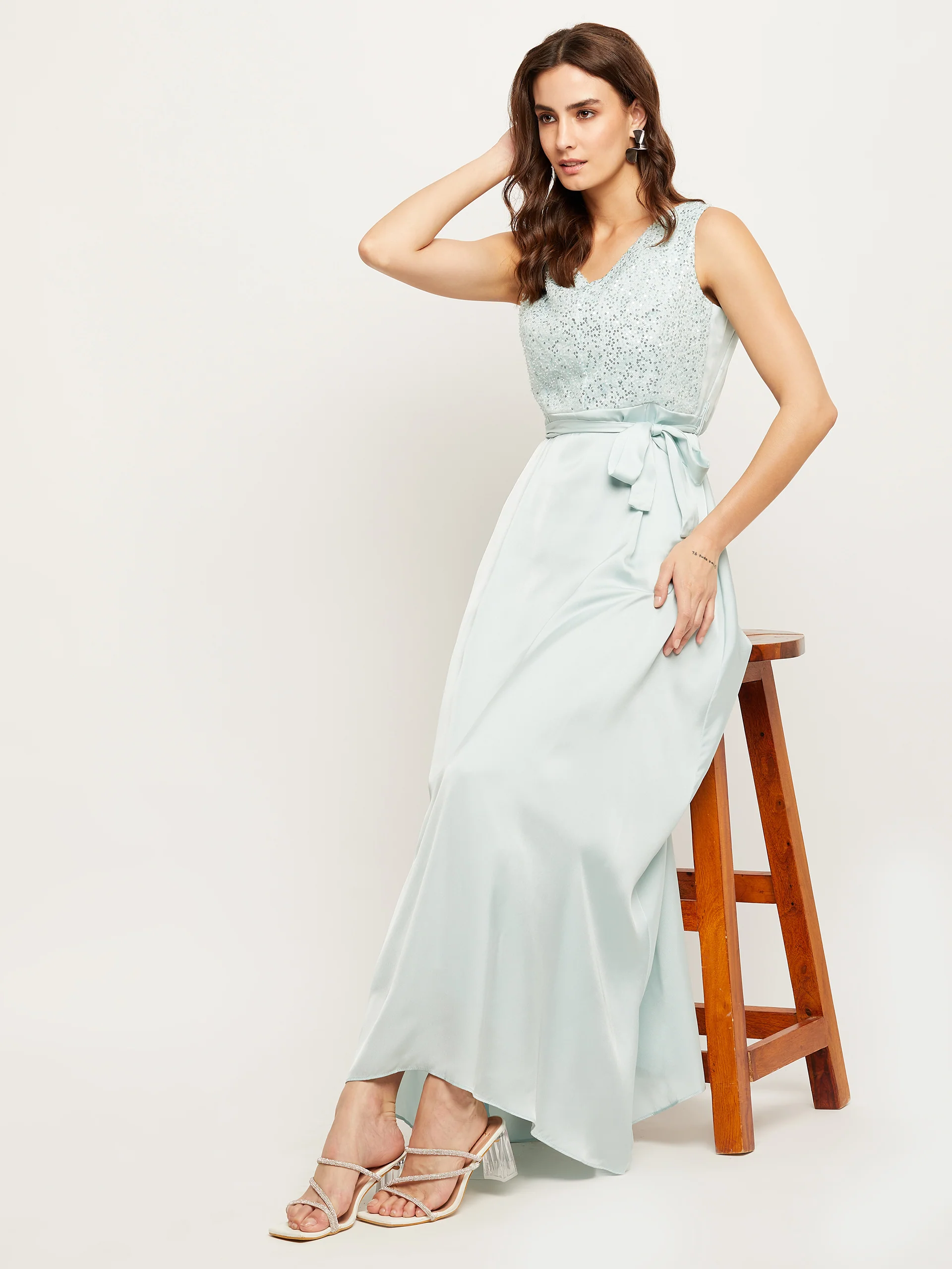 Madame Blue Embellished Tie-Waist Fit-Flare Dress - Image 2