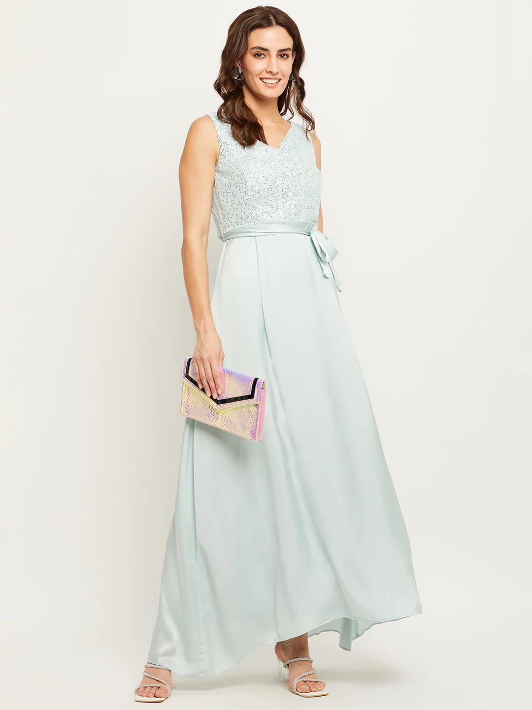 Madame Blue Embellished Tie-Waist Fit-Flare Dress - Image 3