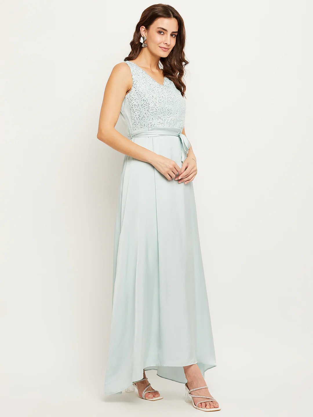 Madame Blue Embellished Tie-Waist Fit-Flare Dress - Image 4