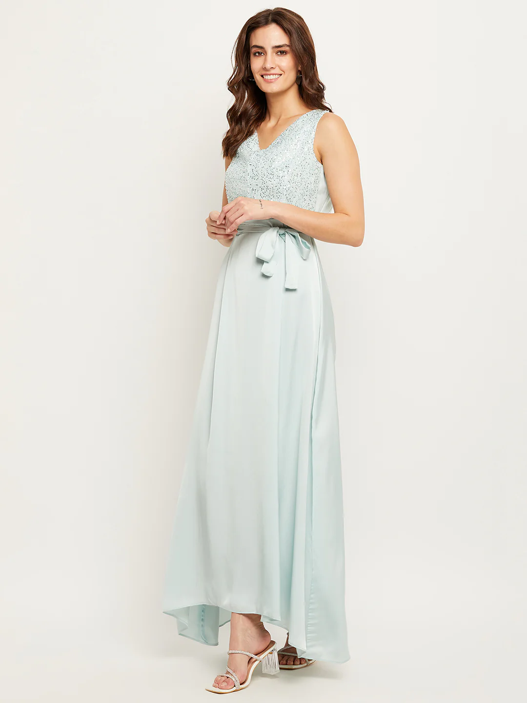Madame Blue Embellished Tie-Waist Fit-Flare Dress - Image 5