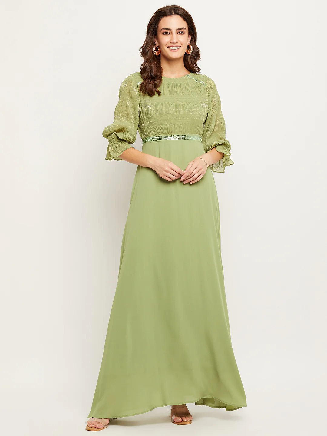 Madame Green Embellished Puff Sleeve Fit-Flare Dress - Image 3