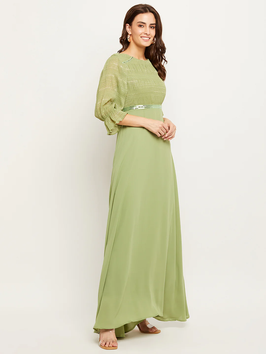 Madame Green Embellished Puff Sleeve Fit-Flare Dress - Image 4